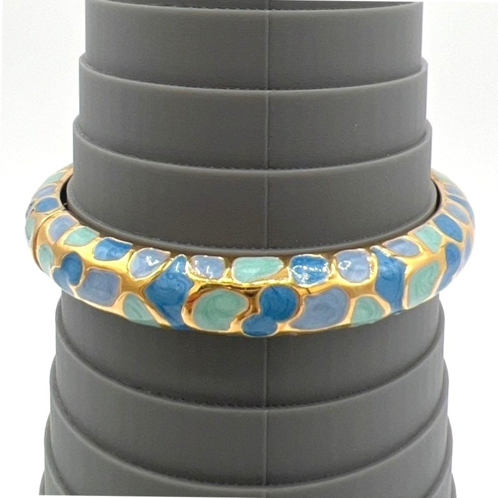 Joan Rivers Cloisonne Hinged‎ Bangle Bracelet Blues Enamel Mosaic Leopard 7.5